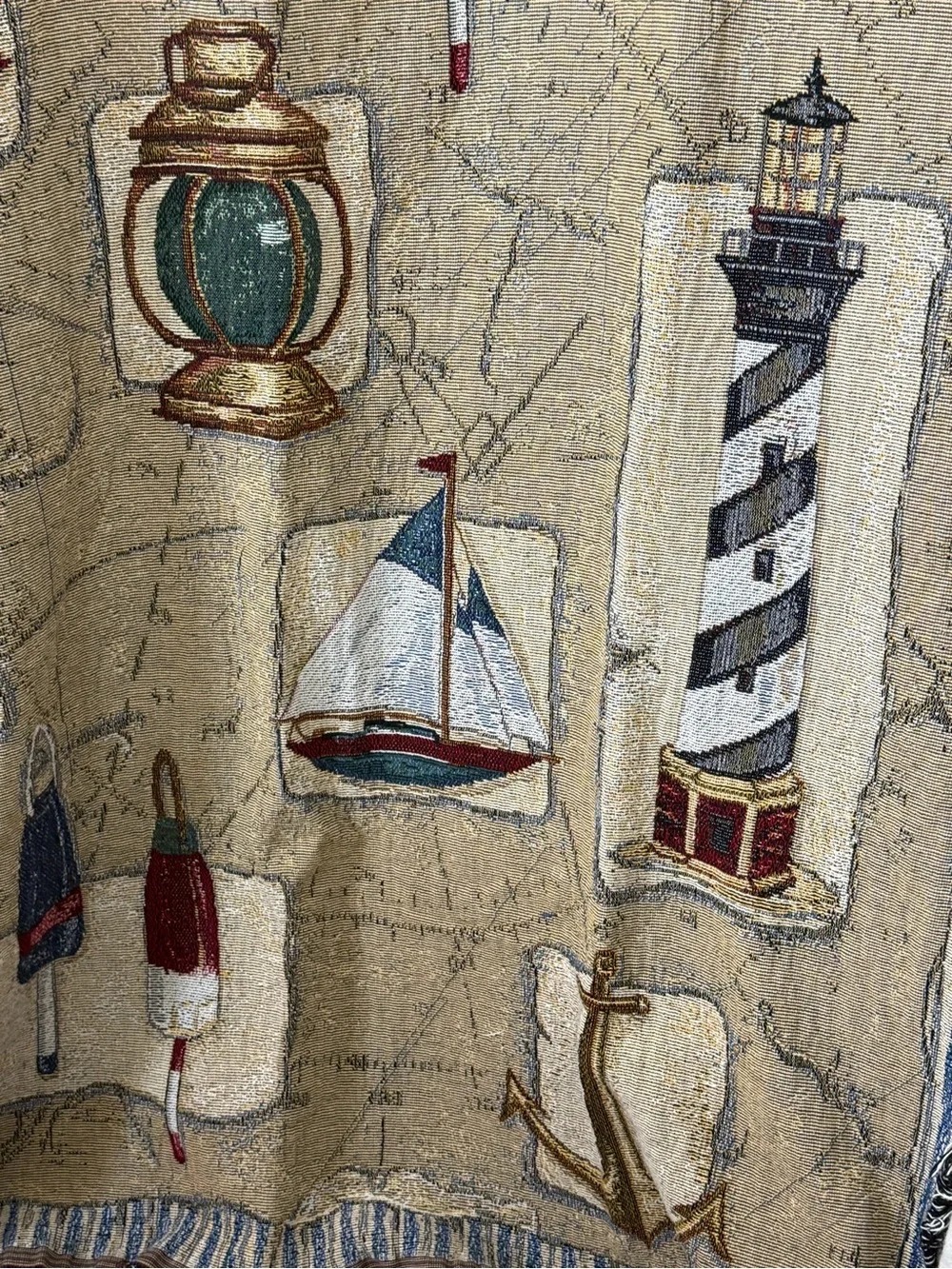 Nautical Tapestry Throw Blanket - Sailboat, Lighthouse & Bell Motif